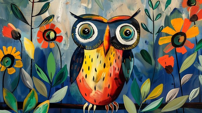 Colorful illustrated owl amidst a whimsical floral backdrop ideal for creative and educational themes 