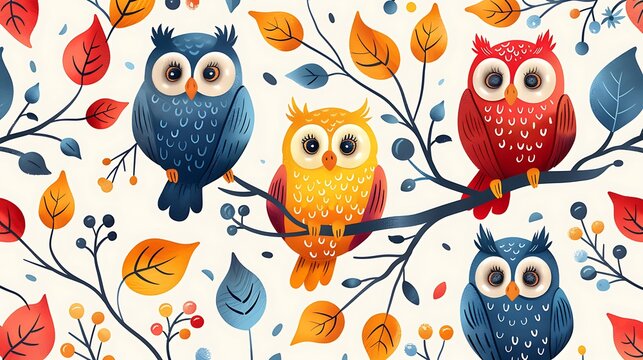 Colorful illustration of cute owls on branches with autumn leaves pattern suitable for children's designs or seasonal backgrounds. 