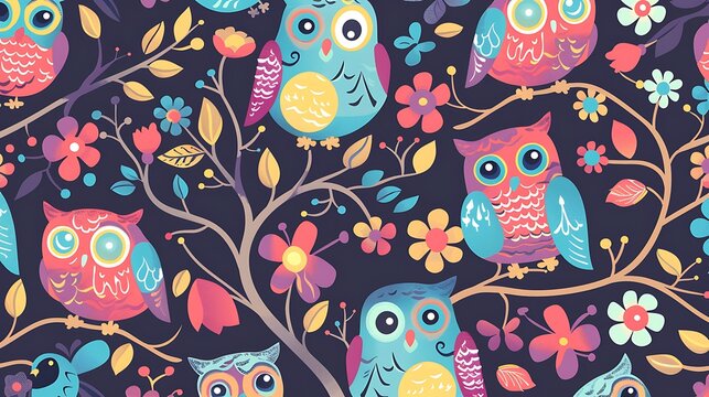 A colorful and whimsical pattern of illustrated owls and floral elements on a dark background suitable for various design purposes 