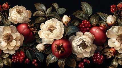 Elegant floral arrangement with white peonies, red pomegranates, and berries on a dark background for a luxurious design aesthetic 