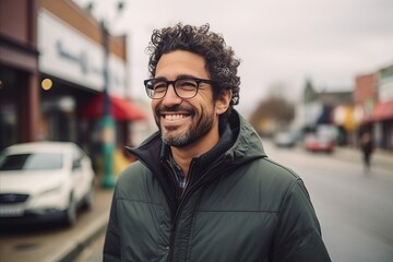 Portrait of handsome young man with curly hair and eyeglasses in the city