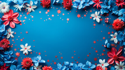4th Of July American Independence Day Background Stars And Flowers  Decorations Flat Lay Copy Space Top View