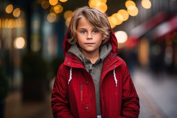 Fototapeta premium Portrait of a cute little boy in a red jacket on the street.