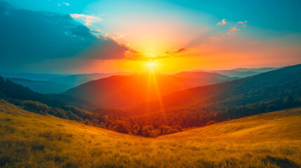 Summer Solstice Sunrise and Sunset Glow over  Fields And Mountains, Sun Equinox And Nature