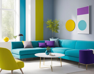 A modern living room with colorful sofa. Vibrant living room filled with minimalist furniture and bold pops of color. Generative Ai.