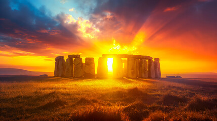 Summer Solstice Sunrise and Sunset Glow over  Stonehenge Stones and Fields, Sun Equinox And Ancient...