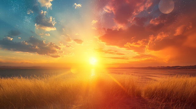 Summer Solstice Sunrise and Sunset Glow over  Fields, Sun Equinox And Nature