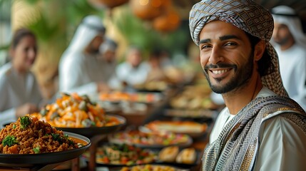A smiling man in traditional Middle Eastern attire posing in front of a buffet of regional dishes.  - obrazy, fototapety, plakaty