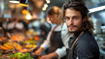 Confident male chef smiling in a commercial kitchen with fresh ingredients in the foreground. 