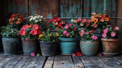 Assorted colorful flowers in rustic pots on a wooden table set against a weathered backdrop, perfect for gardening or decor themes.  - obrazy, fototapety, plakaty