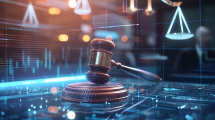 Futuristic justice background Judge's gavel and scales standing on virtual table in digital cyberspace