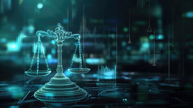Futuristic justice background Judge's gavel and scales standing on virtual table in digital cyberspace