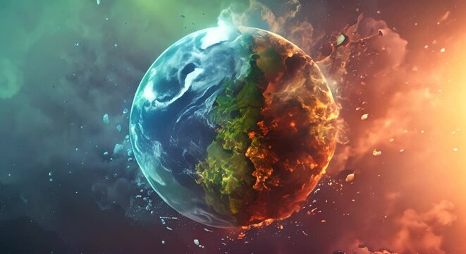 Illustration of a planet divided, with one half vibrant and the other consumed by environmental damage,