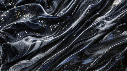 Velvet charcoal marble ink flowing across a dusky abstract environment, illuminated by subdued glitters.