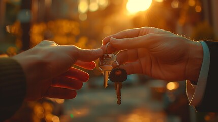 Two hands exchanging a set of keys during a beautiful sunset, depicting a concept of trust, agreement, or transaction. 