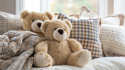 teddy bear sitting on a bed