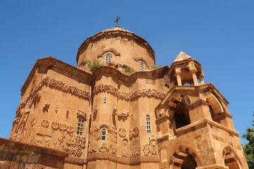 Closer look on the front facade of the Armenian Cathedral of the Holy Cross on Akdamar Island on...