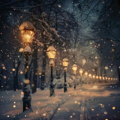 A snowy street with a row of lit up street lamps