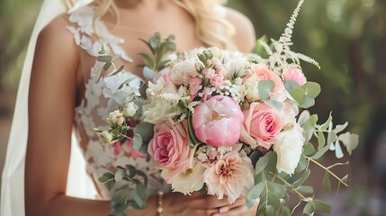 A bride in a white dress holding a beautiful bouquet of pink roses and assorted flowers symbolizes elegance and romance.  - Powered by Adobe