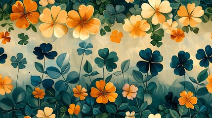A vintage-styled floral pattern with a mix of orange and green four-leaf clovers on a textured...