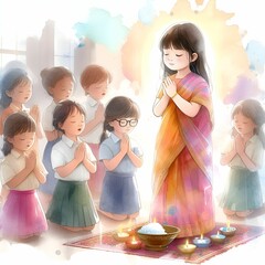 A little girl worshipping in a religious setting