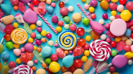 A colorful assortment of lollipops, hard candies, and gum balls scattered across a blue surface.