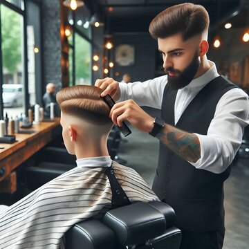 Master barber shaping client's hair in barbershop