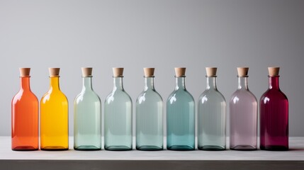 A row of 8 differently colored glass bottles on a white table against a white background. - obrazy, fototapety, plakaty