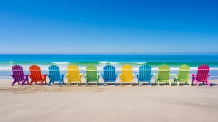 A row of rainbow-colored Adirondack chairs sit on the beach facing the ocean.