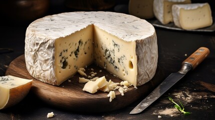 A wheel of creamy blue cheese on a wooden board.