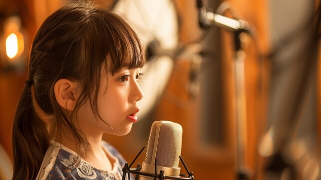 スタジオで歌を収録する女の子
