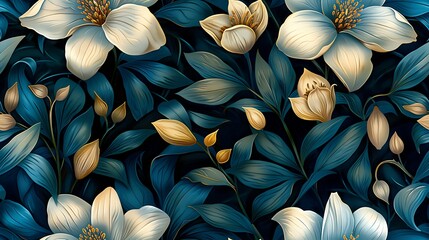 Elegant seamless floral pattern with gold and white flowers on a dark blue background, ideal for luxury design projects.