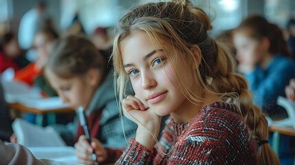 A thoughtful young student with blonde hair is sitting in a classroom surrounded by her peers, looking directly at the camera with a gentle expression 