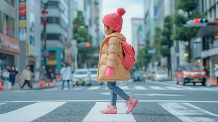 都会の横断歩道を一人で渡る女の子
