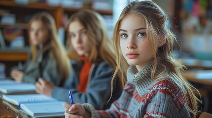 A thoughtful young female student with a pen in hand looks away from her notebook in a classroom setting with peers in the background. 