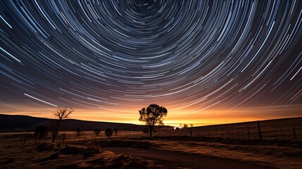 Star trails over lonely tree in desert