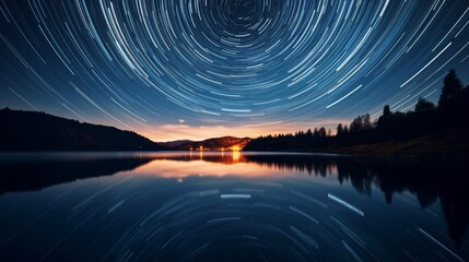 Star trails over lake reflecting night sky