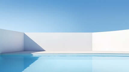 The image is of an outdoor swimming pool with a bright blue sky and white walls surrounding it.