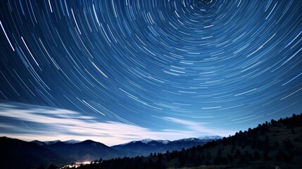 Time lapse photo of stars in the night sky above the mountains.
