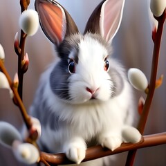 Gray fluffy rabbit among willow branches with fluffy buds