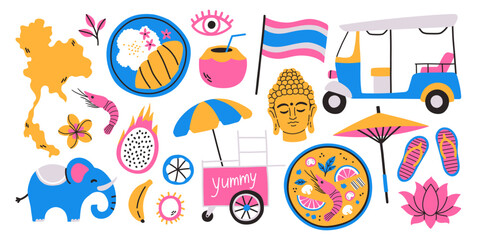 Travel to Thailand sticker set. Doodle elements Elephant, map of Thailand, thai food, Buddha head, lotus, thai fruits.