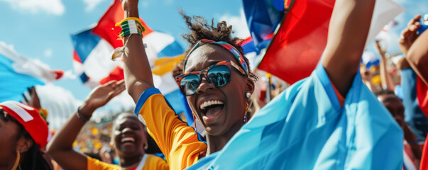 Excited Fans Cheering at Stadium: Enthusiastic Group Supports Athletes
