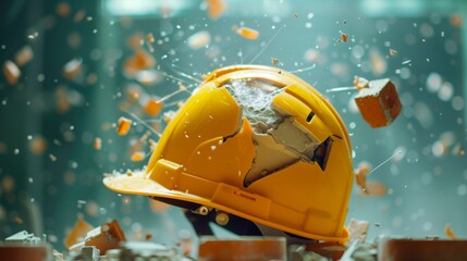 落下したレンガに安全ヘルメットが当たって割れる、安全のための啓発イメージ
