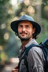 Fototapeta premium Portrait of a content traveler with a backpack