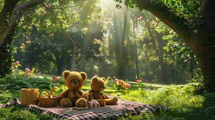 An idyllic summer picnic scene featuring seasonal teddy bears lounging on a checkered blanket amidst lush green grass and swaying trees their cheerful smiles and relaxed demeanor - Powered by Adobe