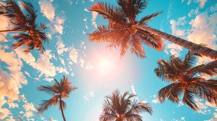Fototapeta na wymiar palm trees on sunny sky background 