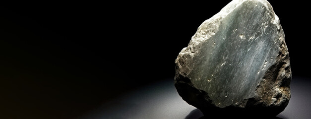 Fototapeta premium Gibbsite is rare precious natural stone on black background. AI generated. Header banner mockup with space.