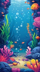 Underwater scene with cartoonish sea creatures and bubbly underwater plants in vivid colors, great for a bathroom or nursery wallpaper