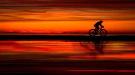 Fototapeta premium Dynamic silhouette of a cyclist speeding along a coastal road at sunset, vivid orange sky, energetic and freeing