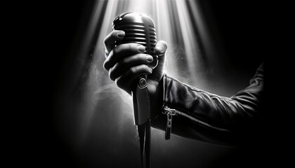 hand gripping a microphone tightly with a black leather jacket sleeve